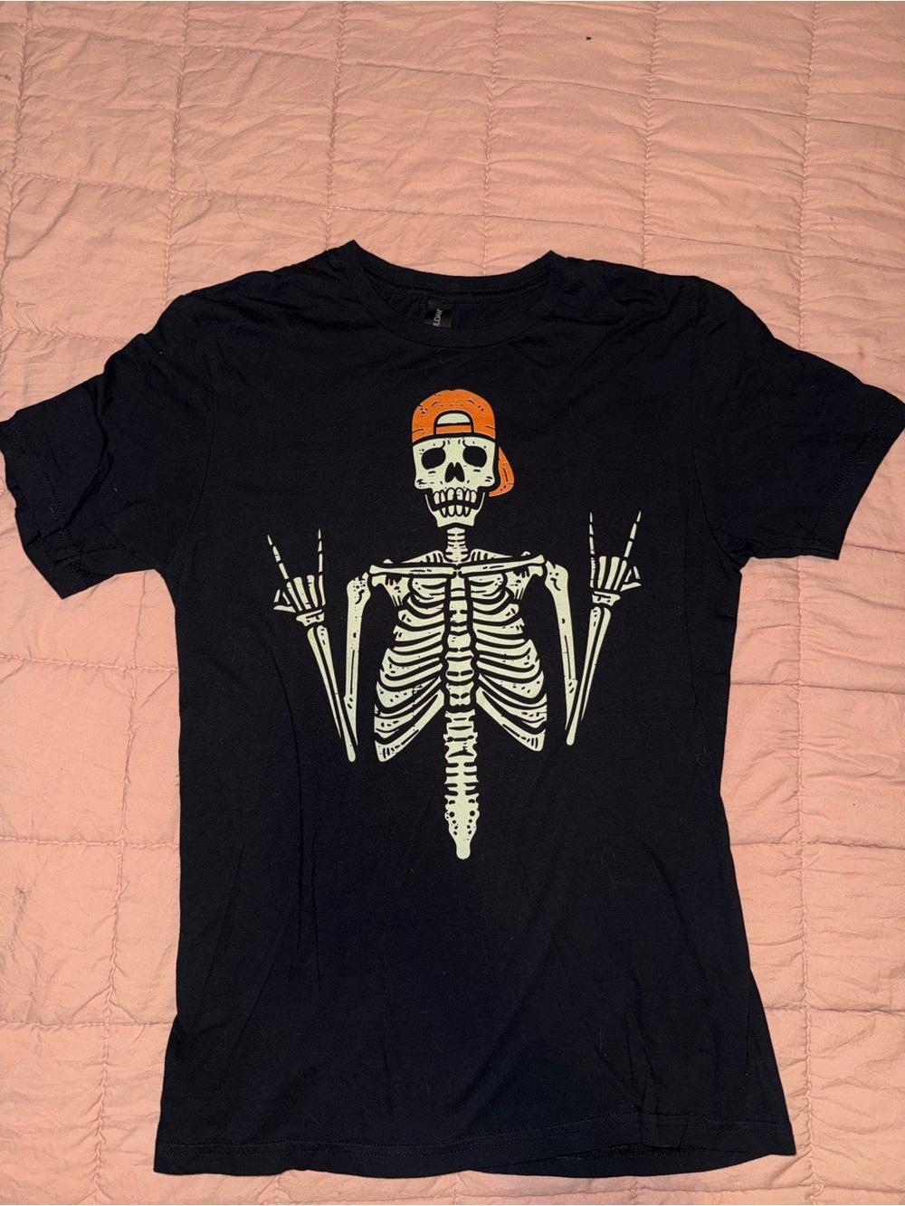 Black Graphic Tee with Skater Skeleton and Orange Cap
